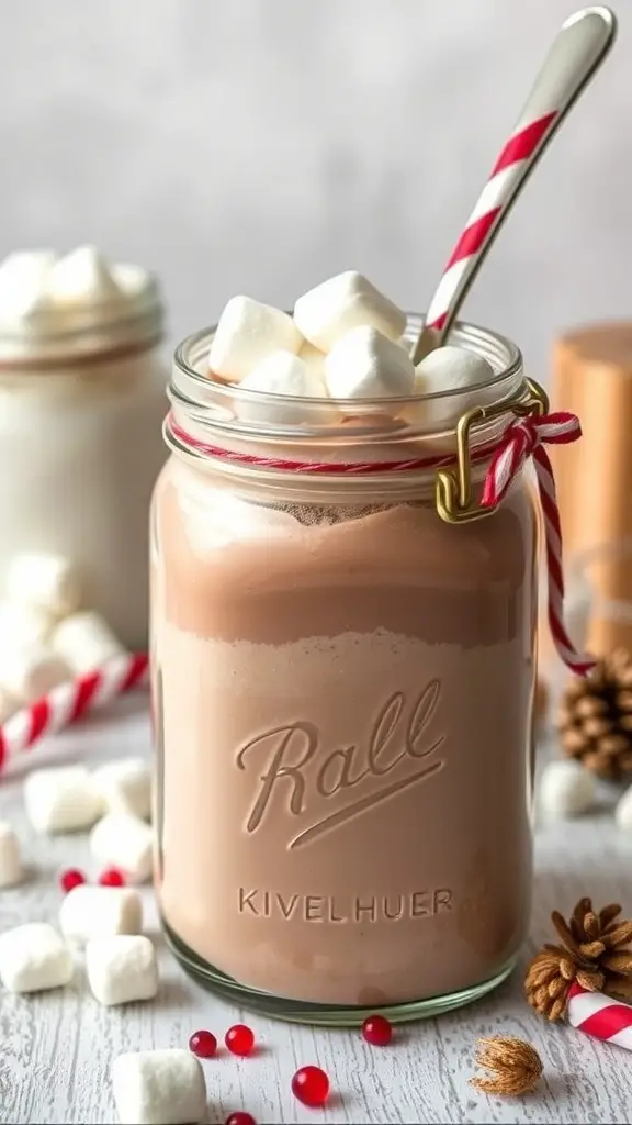 23 Affordable DIY Christmas Gifts for Everyone on Your List 2 A jar of homemade hot chocolate mix with marshmallows and festive decorations.