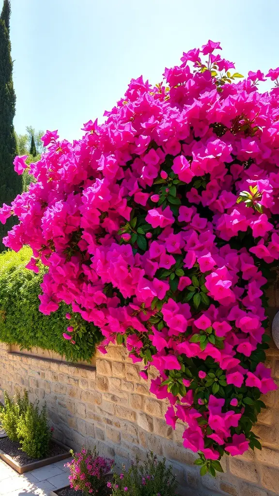 29+ Inspiring Tuscan Garden Ideas for Your Outdoor Oasis 2 Vibrant bougainvillea flowers cascading over a stone wall in a sunny garden.