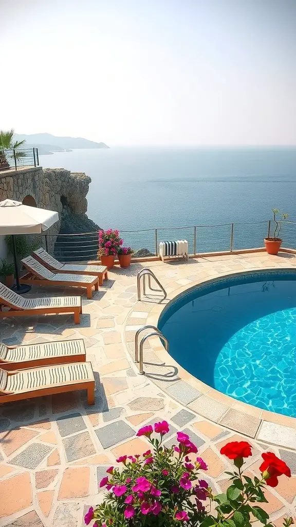 25+ Stunning Mediterranean Pool Designs to Enhance Your Outdoor Oasis 3 A rustic stone pool deck with wooden loungers and colorful flowers, overlooking the sea.