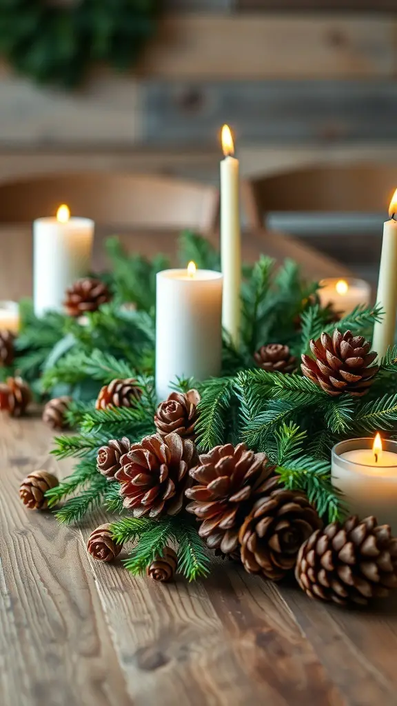 A rustic Alpine centerpiece featuring candles and pinecones on a wooden table.