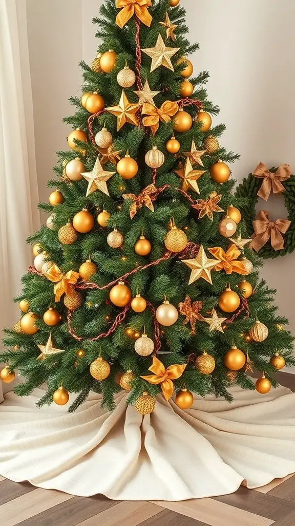 A beautifully decorated Christmas tree with a cream tree skirt and gold ornaments.