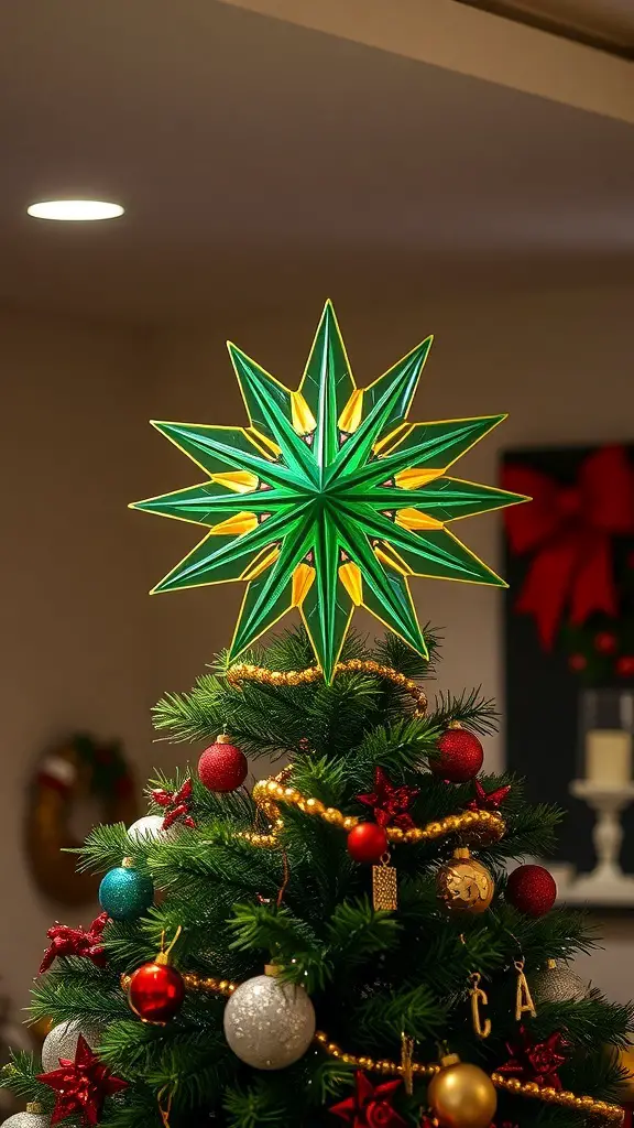 A green and gold star-shaped tree topper on a Christmas tree