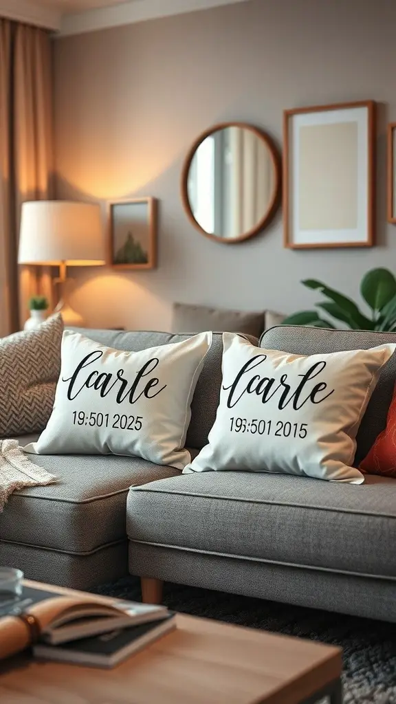 Cozy living room with personalized throw pillows on a couch, featuring the name 'carle' and significant dates.
