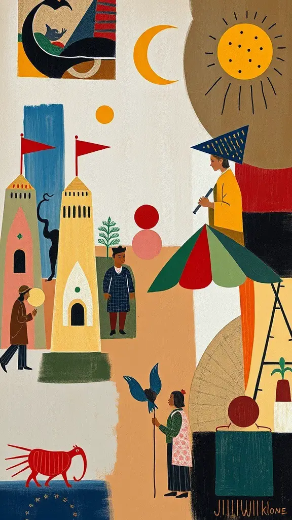 29+ Stunning Abstract Paintings You Need to See 4 An abstract painting featuring colorful shapes, figures, and symbols representing various cultural elements.