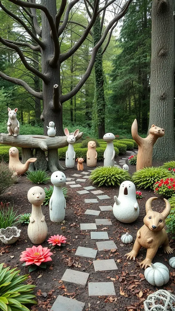A whimsical woodland garden featuring various animal sculptures along a stone pathway, surrounded by lush greenery and colorful flowers.