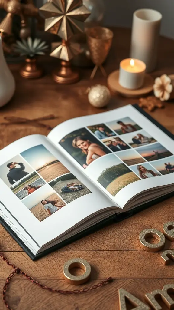 A personalized photo album open on a wooden table, showcasing various photos with decorative items around it.