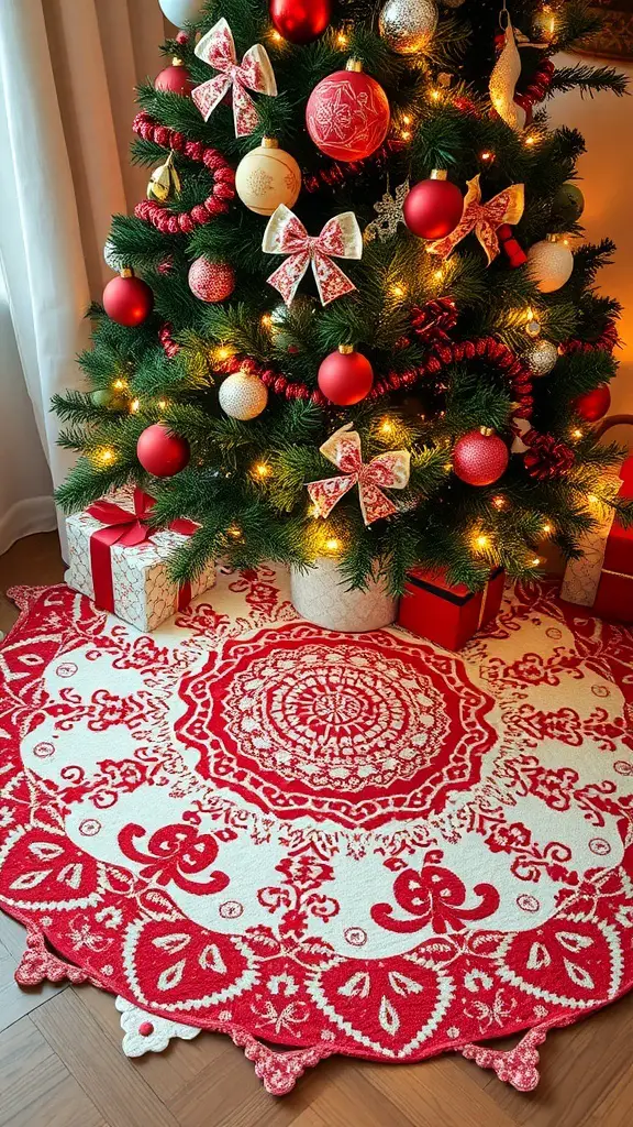 A red and white patterned Christmas tree skirt beneath a decorated tree