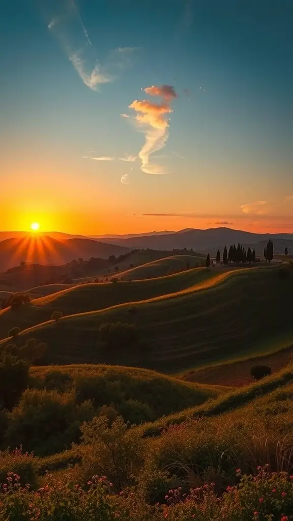 29+ Inspiring Tuscan Landscape Design Ideas You’ll Love 2 A breathtaking sunset over the rolling hills of Tuscany, with vibrant colors in the sky and silhouetted cypress trees.