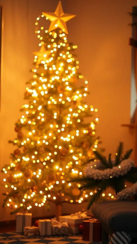 A beautifully decorated golden Christmas tree with warm white lights and wrapped gifts underneath.