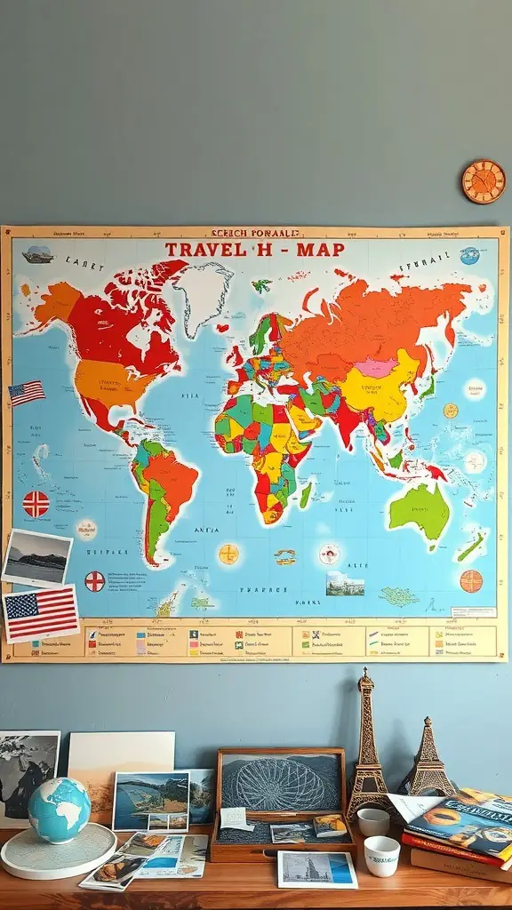 A colorful Travel Scratch Map displayed on a wall, surrounded by travel-related items.