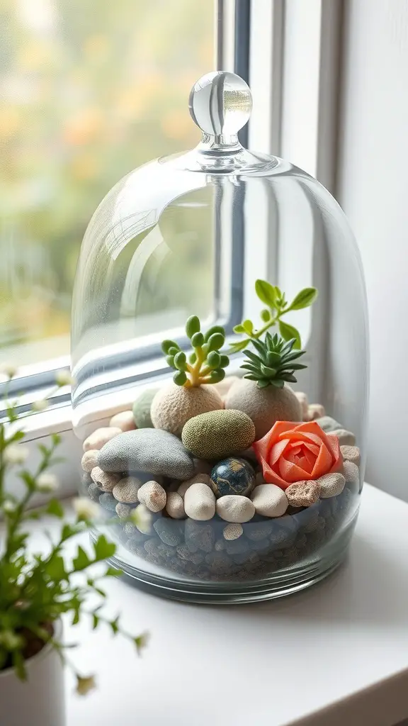 A decorative plant terrarium under a glass dome with pebbles and small plants.