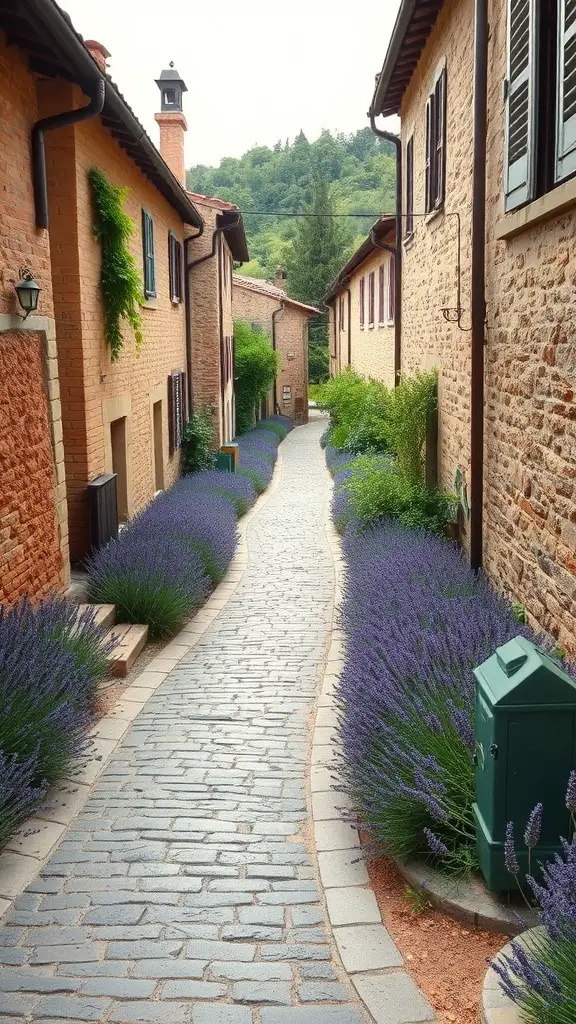 29+ Inspiring Tuscan Landscape Design Ideas You’ll Love 4 A winding cobblestone pathway flanked by lavender plants, leading through a quaint Tuscan village with rustic buildings.