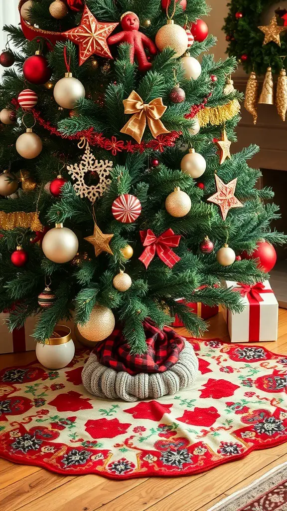 A decorated Christmas tree with a colorful retro tree skirt featuring floral patterns.