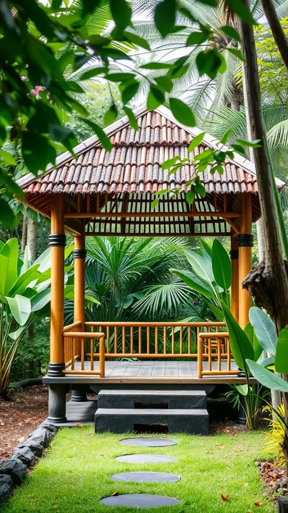 25+ Stunning Bali Garden Design Ideas You’ll Love 6 A beautiful Balinese bamboo gazebo surrounded by lush greenery and stone pathways.