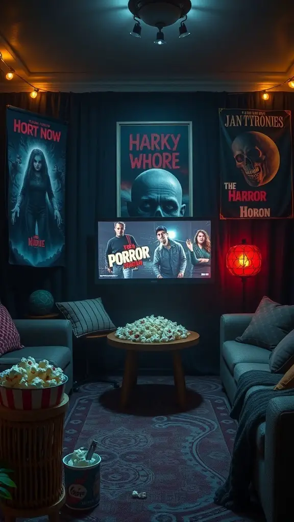 A cozy room with horror movie posters, a screen showing a spooky film, and popcorn on the table.