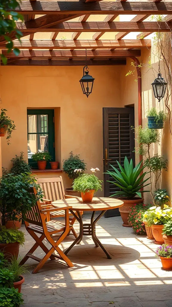 29+ Stunning Tuscan Patio Ideas for Your Outdoor Oasis 2 Rustic wooden furniture on a Tuscan patio surrounded by plants