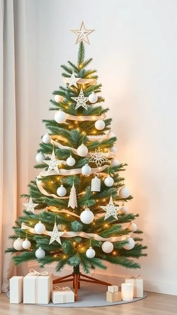 Minimalist Scandinavian style Christmas tree with white ornaments and soft lighting