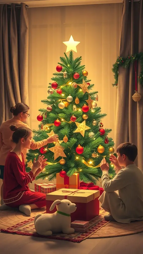 Children decorating a Yule Christmas tree with ornaments and gifts around.