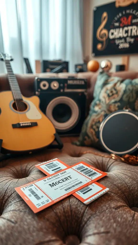 31 Thoughtful Birthday Gifts for Your Boyfriend: Unique Ideas He'll Love 12 Concert tickets on a leather couch with a guitar and speakers in the background.