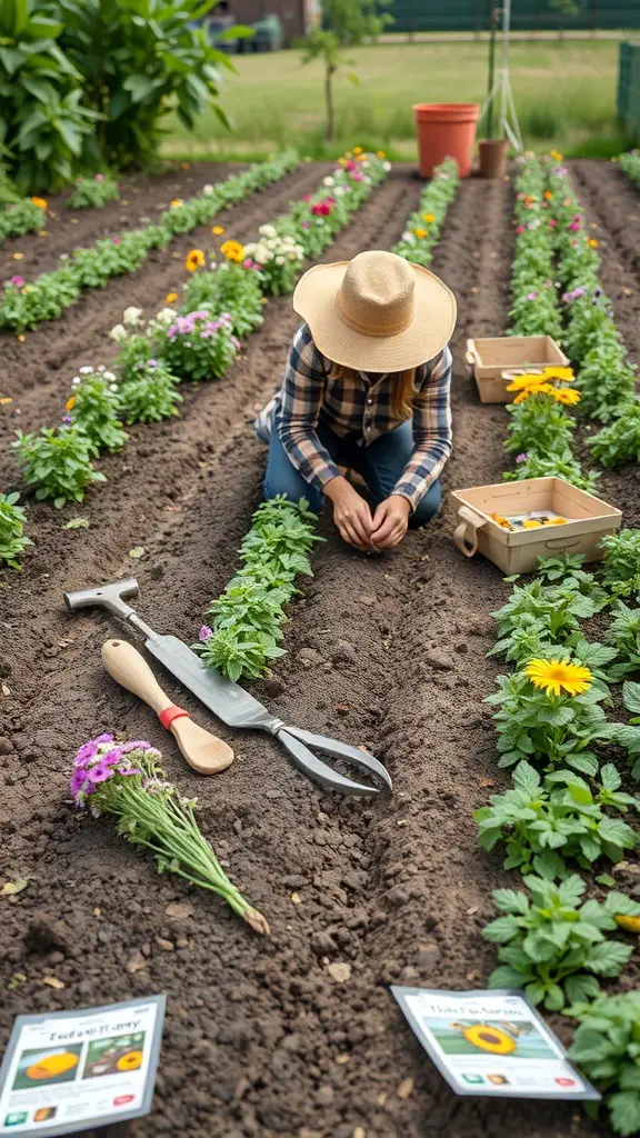 27+ Stunning Wildflower Landscaping Ideas for Your Garden 6 A person planting wildflowers in a garden, surrounded by colorful blooms and gardening tools.
