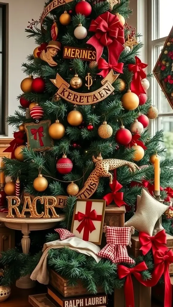 A beautifully decorated Christmas tree featuring vintage ornaments, red bows, and rustic gifts, embodying a classic holiday spirit.