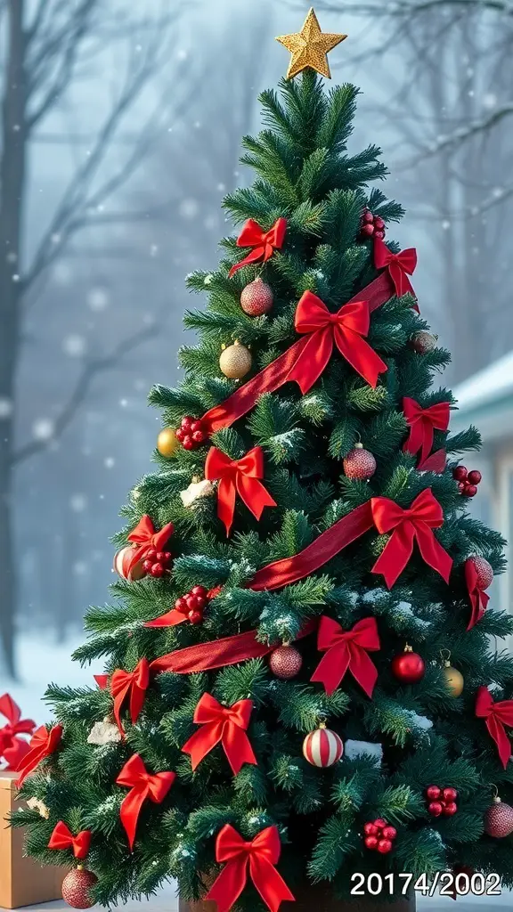 A beautifully decorated Christmas tree with hunter green branches and red bows and ornaments.