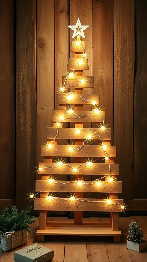 A wooden pallet Christmas tree decorated with lights and a star on top