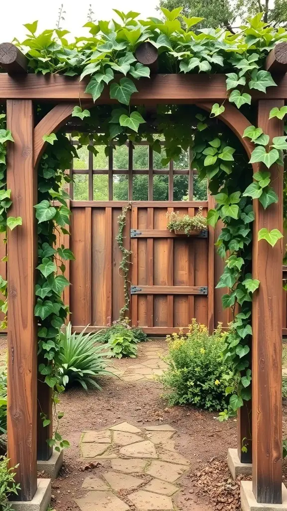 A wooden trellis covered with climbing ivy, leading to a garden path.