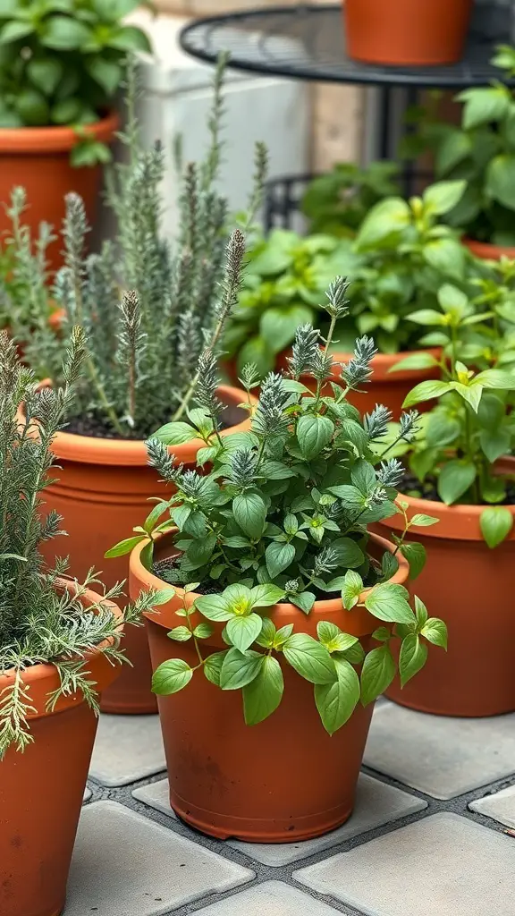 27+ Inspiring Italian Backyard Ideas for a Perfect Outdoor Retreat 2 A collection of potted Mediterranean herbs including basil, rosemary, and thyme in terracotta pots.