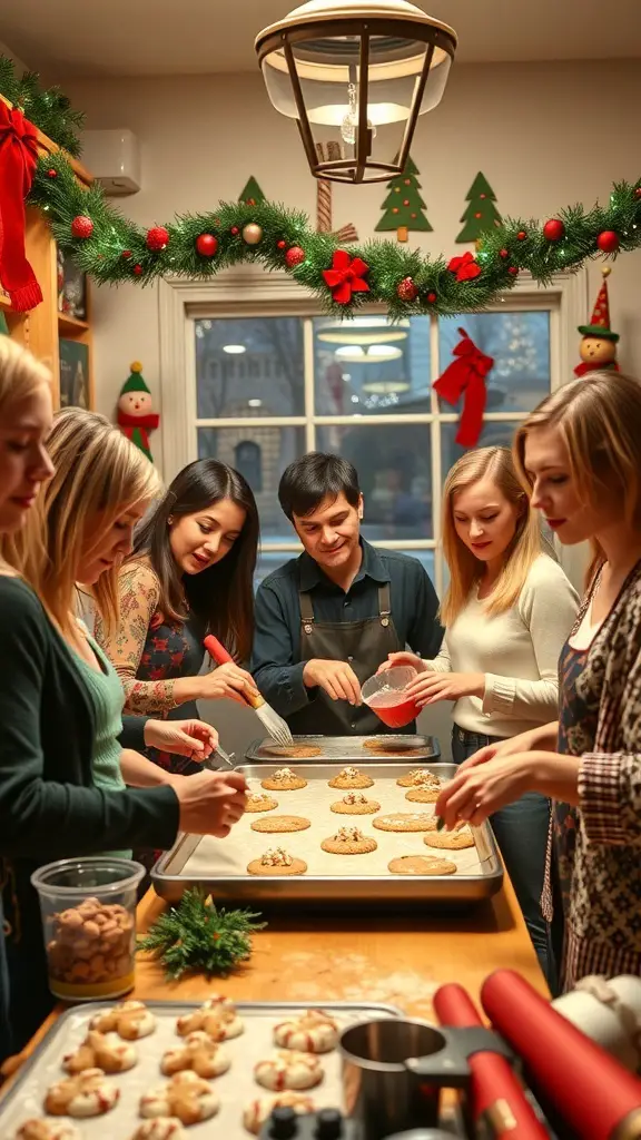 A group of friends baking cookies in a decorated kitchen for the holidays.