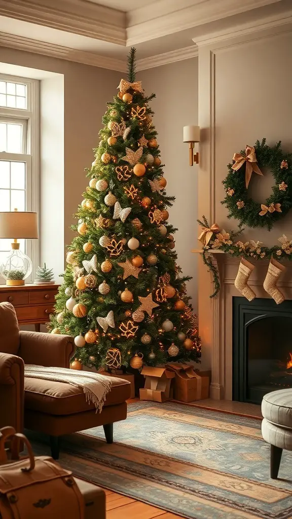 Cozy living room featuring a brown and gold Christmas tree, warm lighting, and festive decorations.