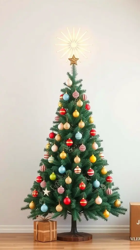 A retro Christmas tree with colorful ornaments and a star topper, set against a light wall.