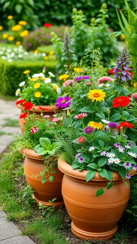 27+ Inspiring Italian Backyard Ideas for a Perfect Outdoor Retreat 6 Colorful flowers in decorative terracotta planters in a backyard garden
