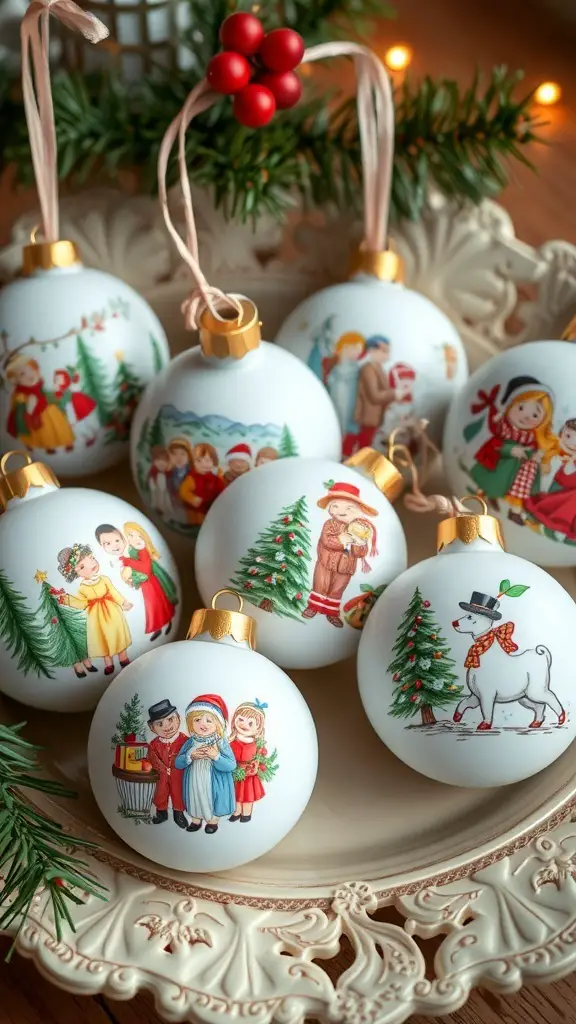 A collection of hand-painted ceramic ornaments featuring festive scenes and characters.