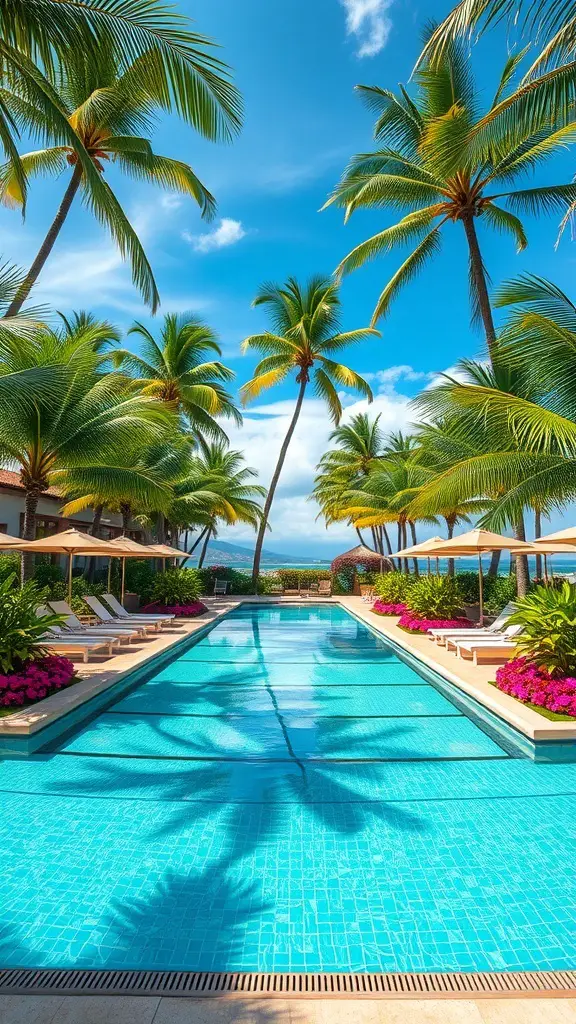 29+ Stunning Resort Pool Designs to Inspire Your Backyard Oasis 5 A tropical pool surrounded by palm trees and vibrant flowers under a clear blue sky.
