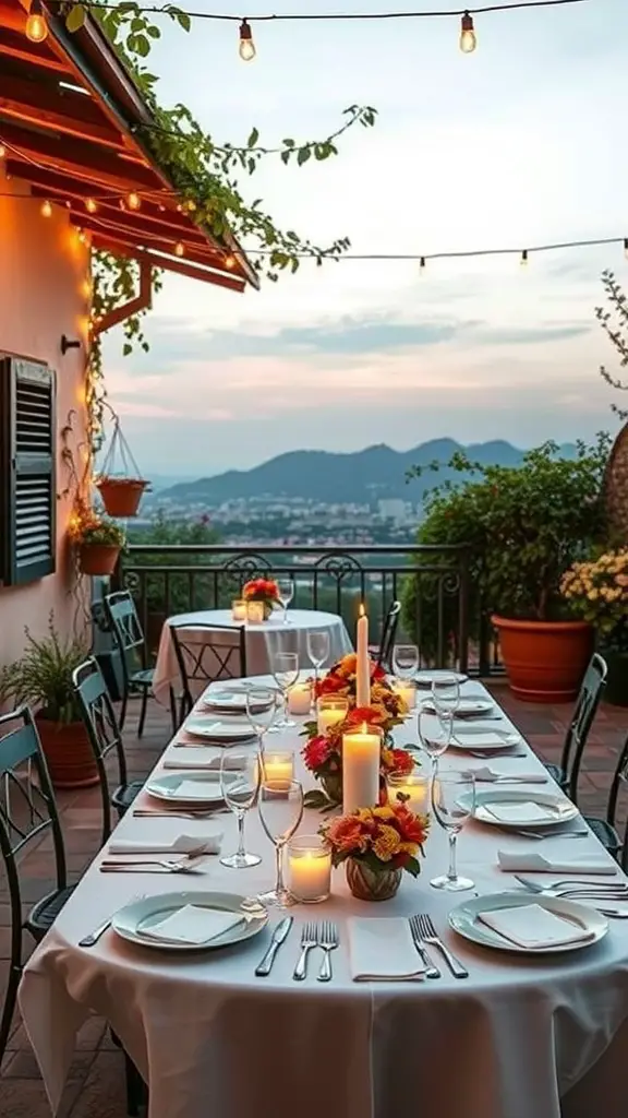 27+ Stunning Italian Terrace Ideas for Your Outdoor Escape 2 A beautifully set dining table on a terrace with flowers and candles, under string lights and a scenic view.