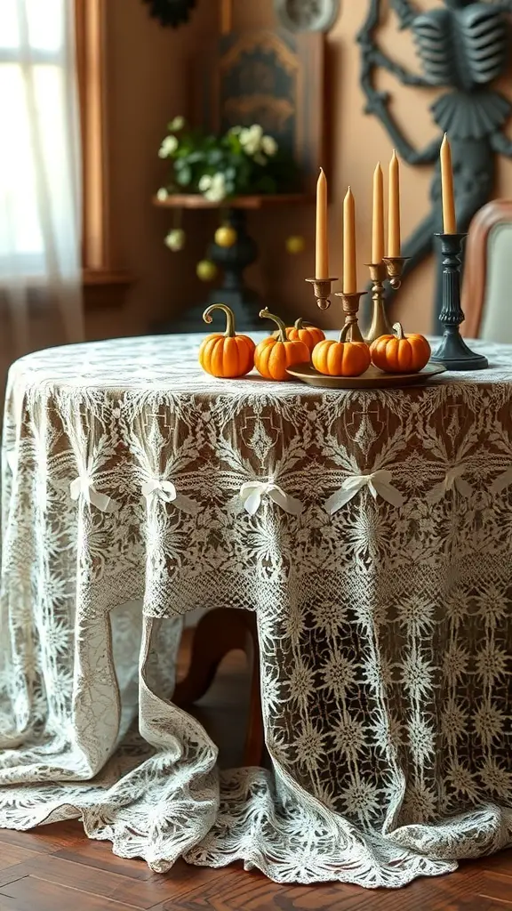 A rustic table set with a vintage lace tablecloth, small pumpkins, and candlesticks.