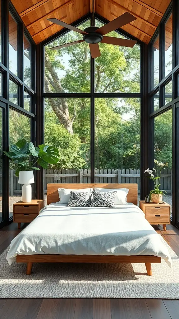 A small master bedroom with a king bed, large windows, and a wooden ceiling, blending indoor and outdoor elements.