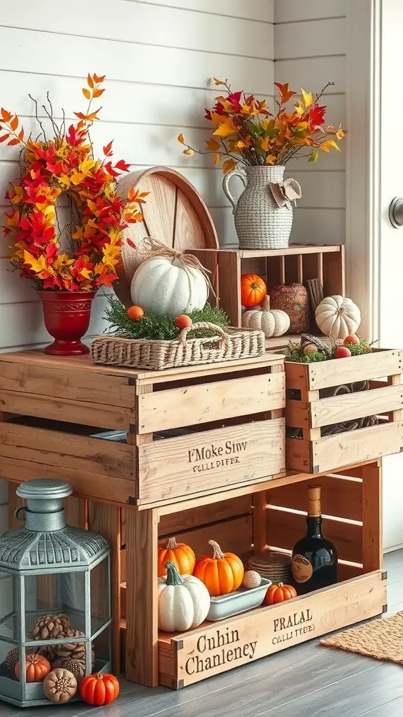 Decorative arrangement of wooden crates with pumpkins and fall leaves for Halloween decor.