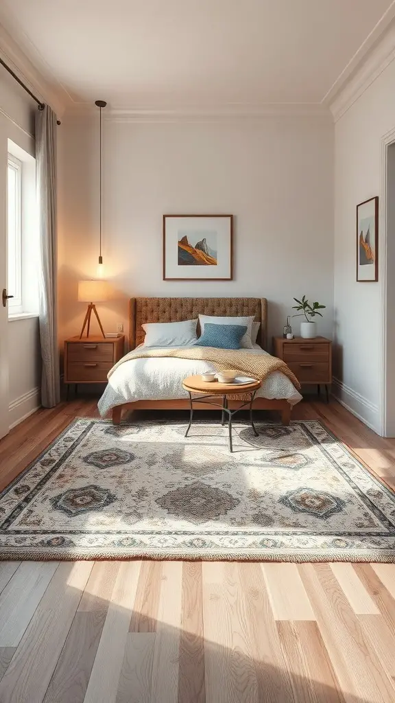 27+ Creative Tiny Bedroom Ideas for Maximum Style and Functionality 13 A cozy bedroom featuring a bed, nightstands, and a decorative rug on the floor.