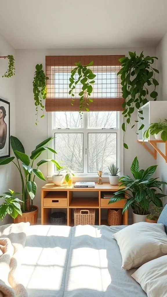 A small bedroom with various plants, including hanging and potted varieties, creating a fresh and inviting atmosphere.