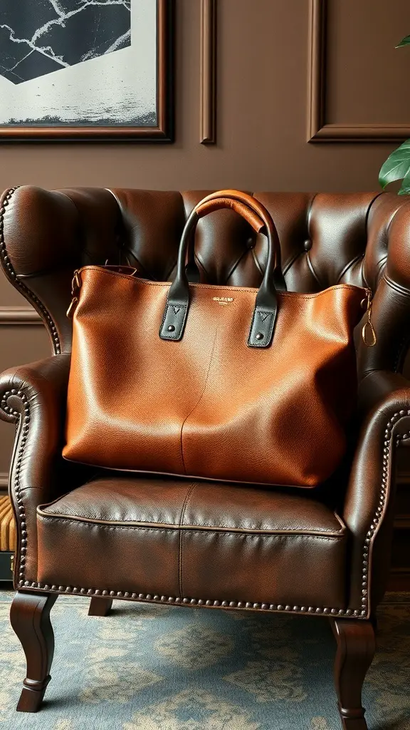 25+ Thoughtful Anniversary Gifts for Her 10 A handcrafted leather handbag resting on a brown leather chair.