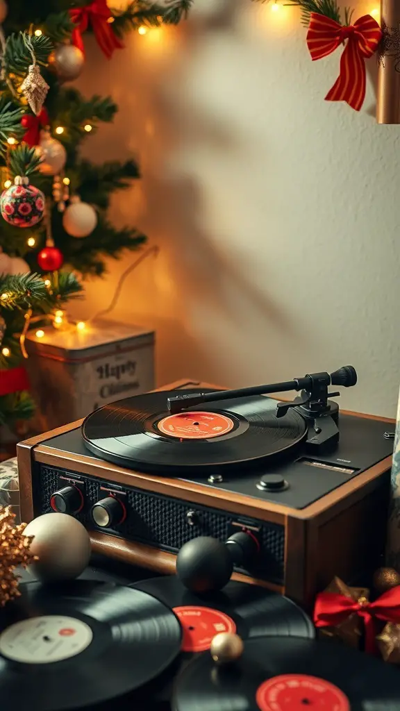 A vintage record player with vinyl records, surrounded by Christmas decorations and lights.