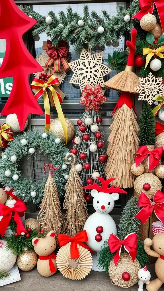 A colorful display of upcycled holiday decorations including wreaths, snowmen, and ornaments.