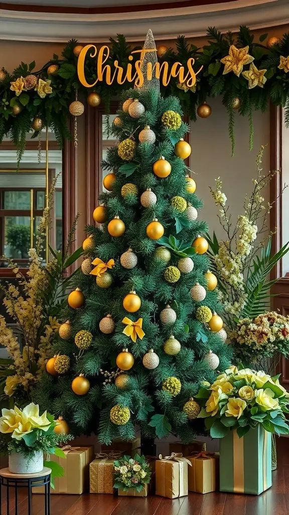 A beautifully decorated Christmas tree with green and gold floral arrangements.