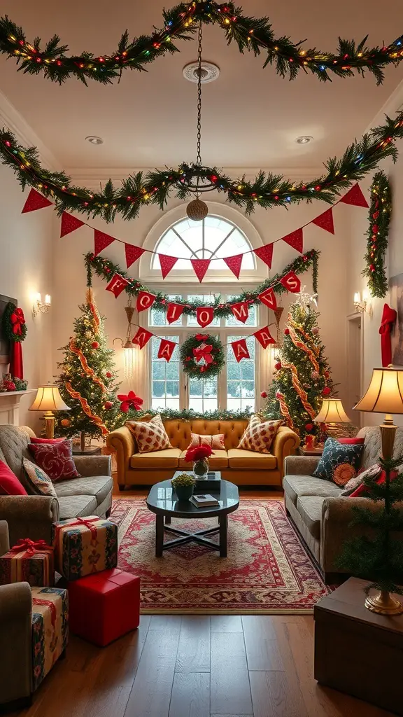 A cozy living room decorated with garlands and banners for Christmas.