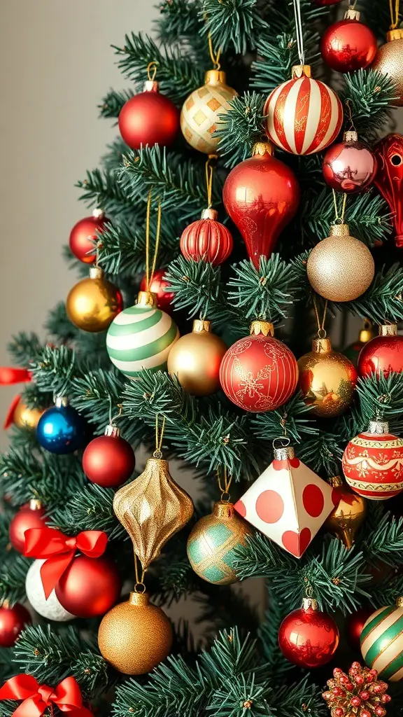 A close-up of a Christmas tree decorated with vintage ornaments from the 1950s, featuring various colors and designs.