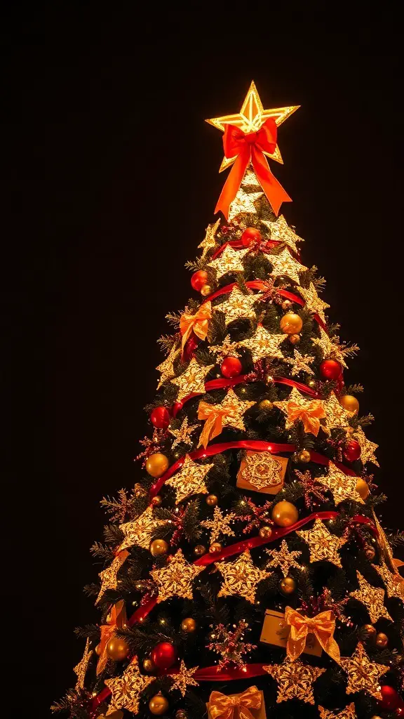 A beautifully decorated Christmas tree with a star topper and warm lights