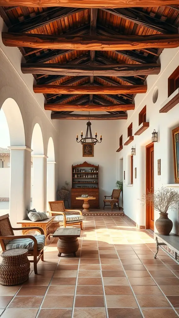 25+ Stunning Spanish Beach House Designs You’ll Love 8 Interior of a rustic Spanish beach house with wooden beams, terracotta tiles, and cozy furniture.