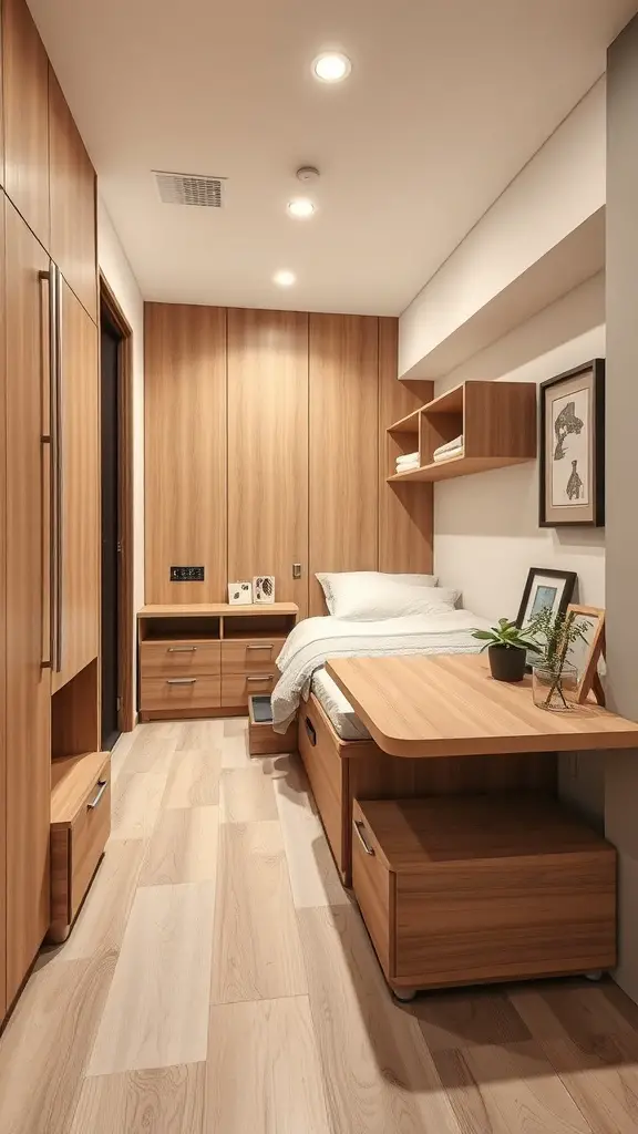 23+ Creative Small Long Bedroom Ideas for Stylish Spaces 5 A small long bedroom featuring multi-functional furniture, including a bed with storage and a desk.